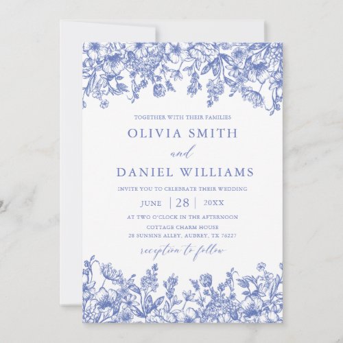 Elegant Blue Floral Vintage Botanical Wedding Invitation