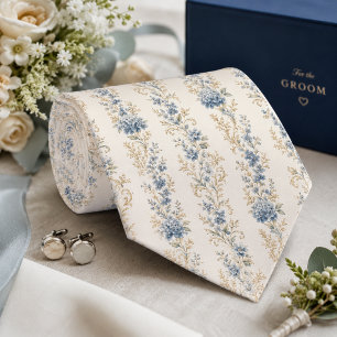 Elegant Blue Floral Vintage Botanical Wedding Neck Tie