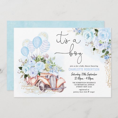 Elegant Blue Floral Vintage Car Boy Baby Shower Invitation