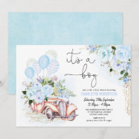 Elegant Blue Floral Vintage Car Boy Baby Shower