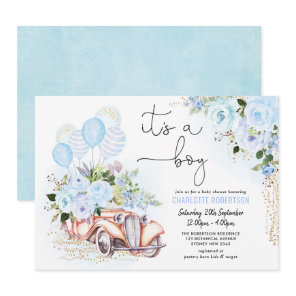Elegant Blue Floral Vintage Car Boy Baby Shower Invitation