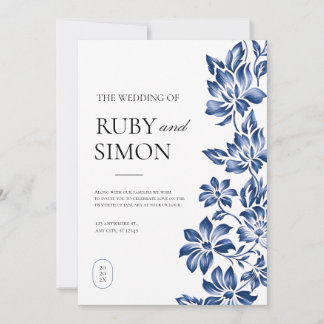 Elegant Blue Floral Vintage Wedding Invitation
