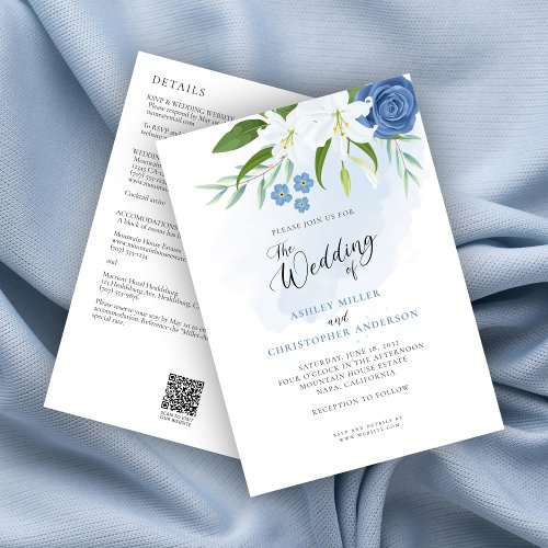 Elegant Blue Floral Watercolor All_in_One Wedding Invitation