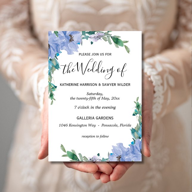 Elegant Blue Floral Watercolor Boho Wedding Invitation (Creator Uploaded)