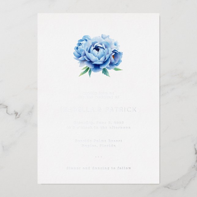 Elegant Blue Floral Watercolor Foil Invitation (Front)