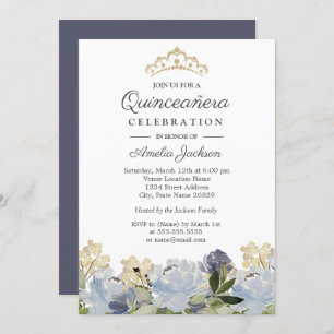 Elegant Blue Floral Watercolor Quinceanera Invitation