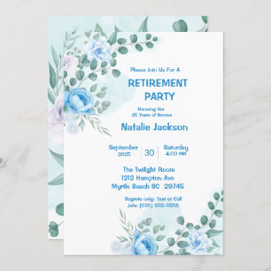 Elegant Blue Floral Watercolor Retirement Party Invitation