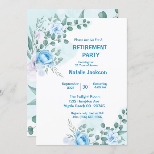  Elegant Blue Floral Watercolor Retirement Party   Invitation