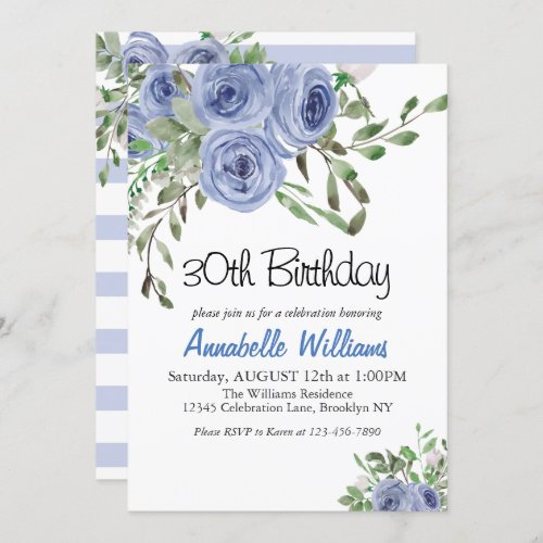 Elegant Blue Floral Watercolor Stripes Birthday Invitation