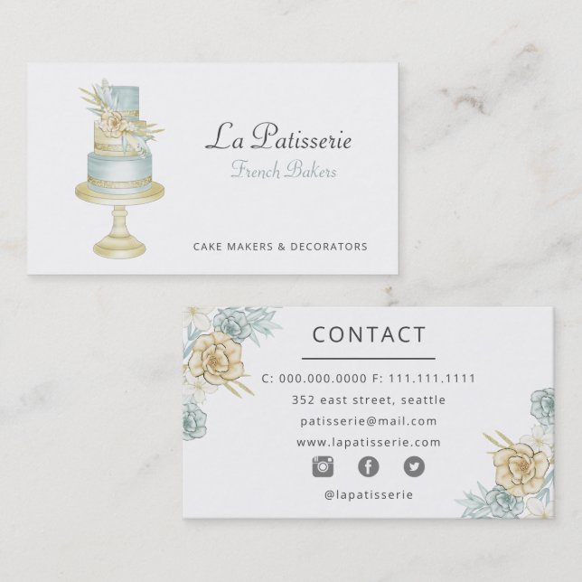 Elegant Blue Floral Wedding Cake Makers Bakery Business Card (Front/Back)