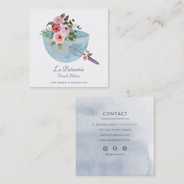 Elegant Blue Floral Wedding Cake Makers Bakery Square Business Card (Front/Back)