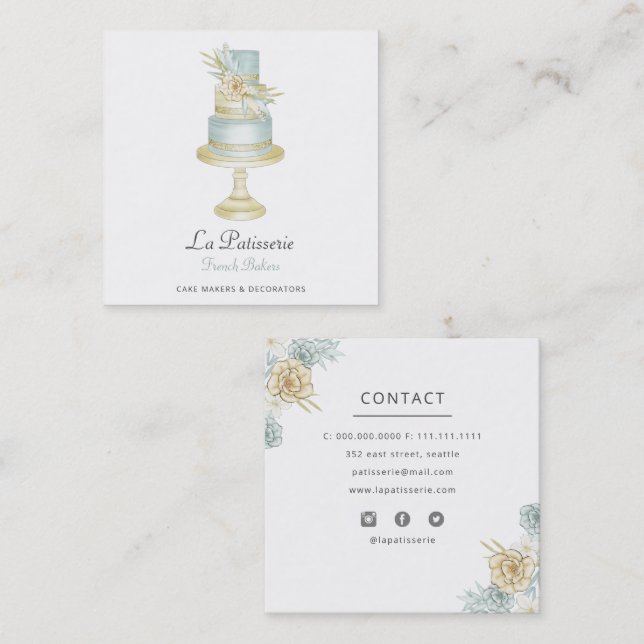 Elegant Blue Floral Wedding Cake Makers Bakery Square Business Card (Front/Back)