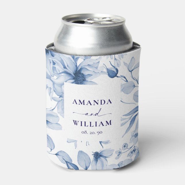 Elegant Blue Floral Wedding Can Cooler (Can Front)