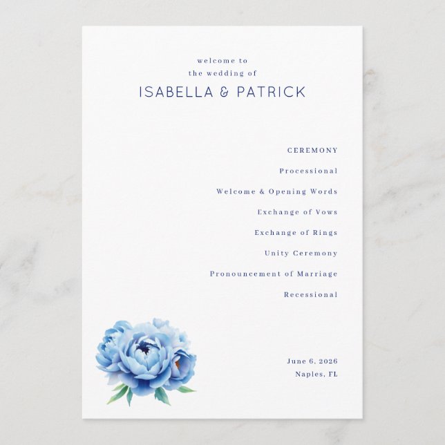 Elegant Blue Floral Wedding Ceremony Program (Front)