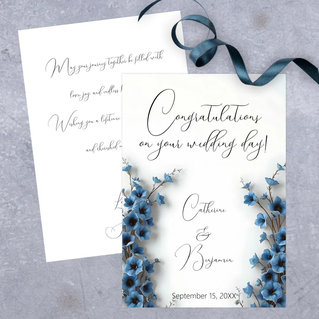 Elegant Blue Floral Wedding Congratulations Card
