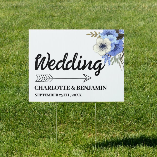 Elegant Blue Floral Wedding directional Yard Lawn Sign (Insitu)