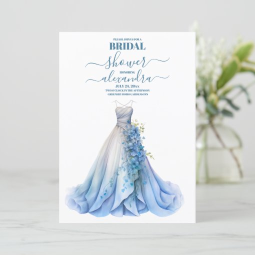 Elegant Blue Floral Wedding Dress Bridal Shower Invitation Zazzle