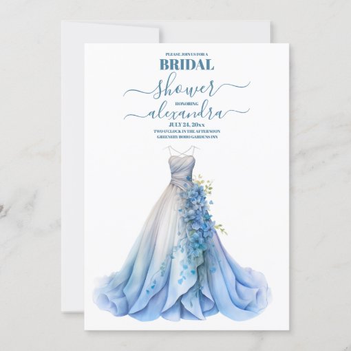 Elegant Blue Floral Wedding Dress Bridal Shower Invitation Zazzle