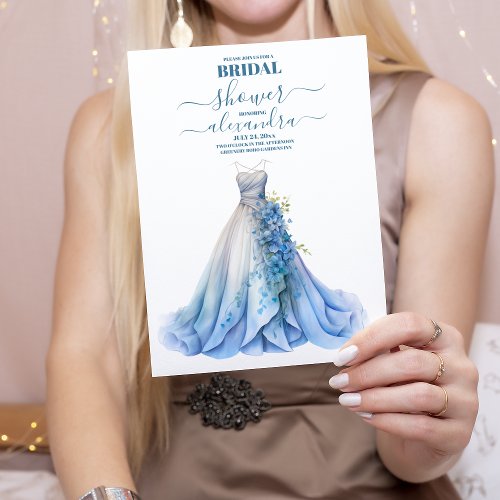 Elegant Blue Floral Wedding Dress Bridal Shower Invitation