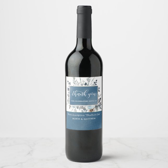 Elegant Blue Floral Wedding Favor Bottle / Wine Label (Front)
