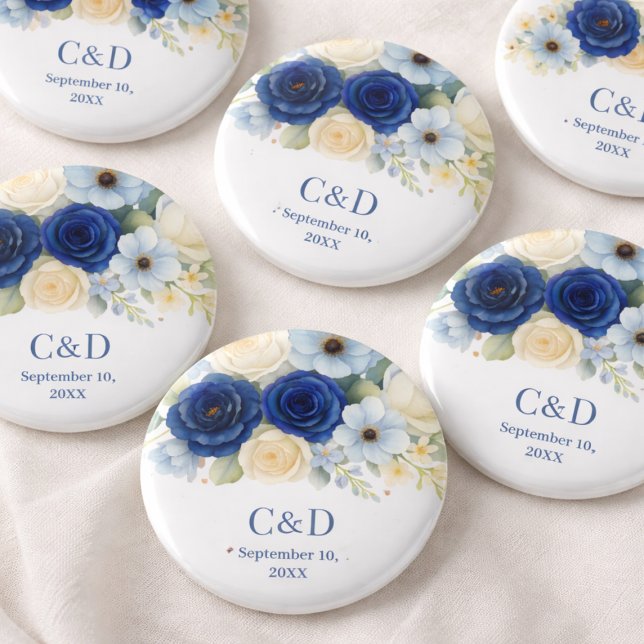 Elegant Blue Floral Wedding Favor Button Monogram (Creator Uploaded)