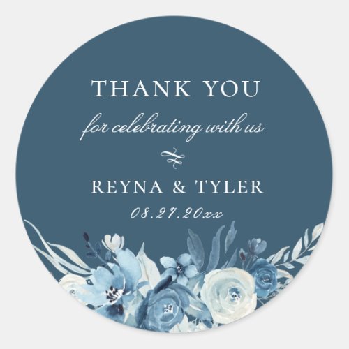 Elegant Blue Floral Wedding Favor Classic Round Sticker