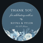 Elegant Blue Floral Wedding Favor Classic Round Sticker<br><div class="desc">Chic watercolor flowers and botanical branches in shades of dusty and navy blue,  personalized wedding favor sticker. Background shown in,  muted navy blue,  can be customized. Designed to match our Elegant Shades of Blue Watercolor Floral Collection.</div>