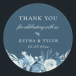 Elegant Blue Floral Wedding Favor Classic Round Sticker<br><div class="desc">Chic watercolor flowers and botanical branches in shades of dusty and navy blue,  personalized wedding favor sticker. Background shown in,  muted navy blue,  can be customized. Designed to match our Elegant Shades of Blue Watercolor Floral Collection.</div>