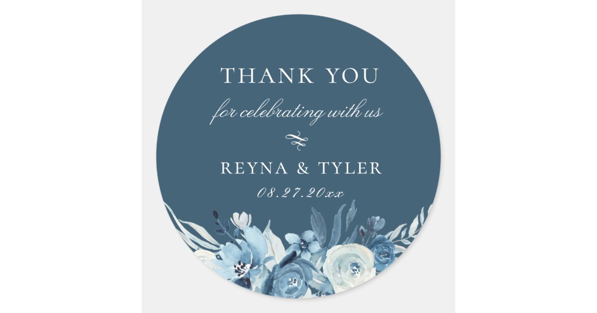 Elegant Blue Floral Wedding Favor Classic Round Sticker | Zazzle