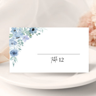 Elegant Blue Floral Wedding Folded Place Card