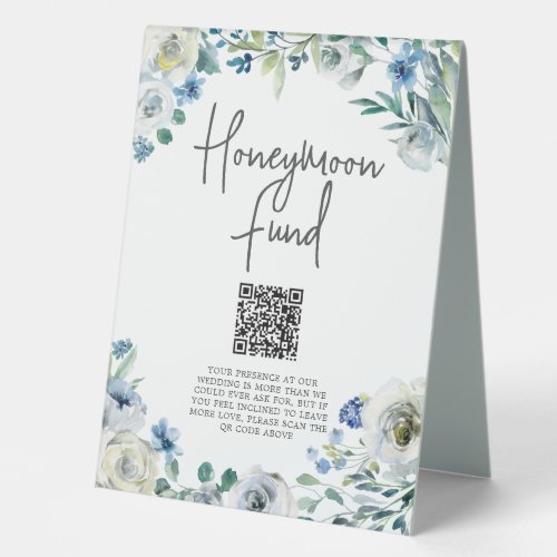Elegant Blue Floral Wedding Honeymoon Fund Table Tent
