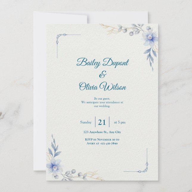 Elegant Blue Floral Wedding Invitation (Front)