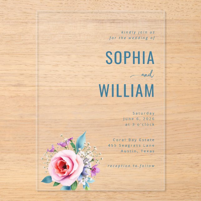 Elegant Blue Floral Wedding Invitation (Front)