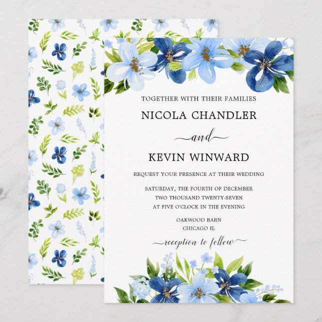 Elegant Blue Floral Wedding Invitation (Front/Back)