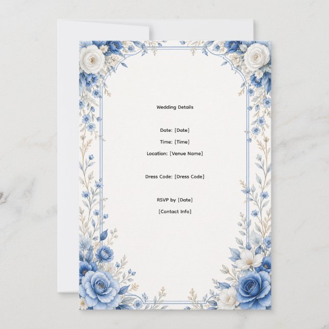 Elegant Blue Floral Wedding Invitation (Front)