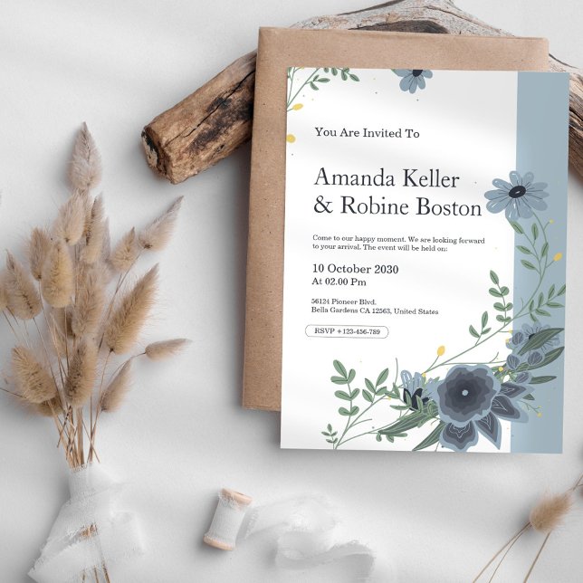Elegant Blue Floral Wedding Invitation (Creator Uploaded)