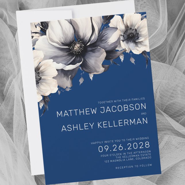 Elegant Blue Floral Wedding Invitation (Simple Modern Elegant Navy Blue Floral Wedding Invitation)