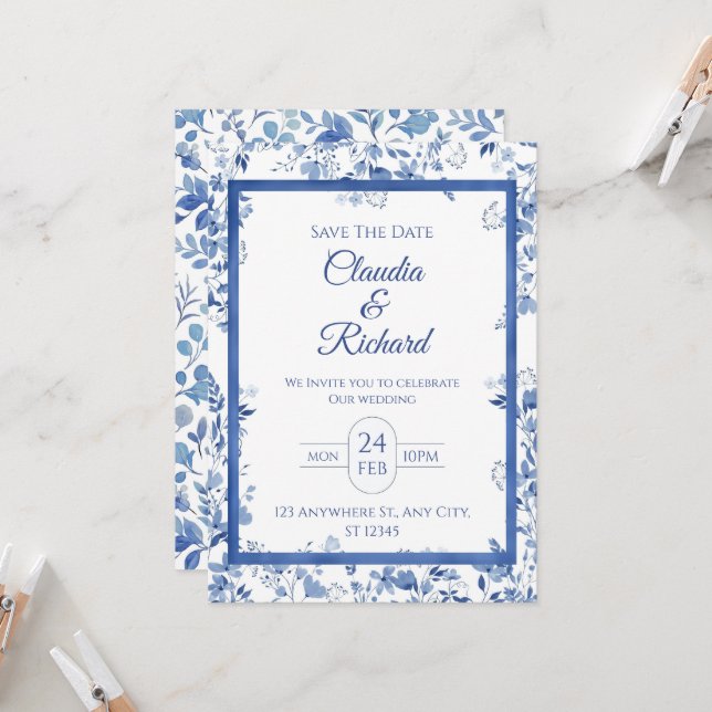 Elegant Blue Floral Wedding Invitation  (Front/Back In Situ)