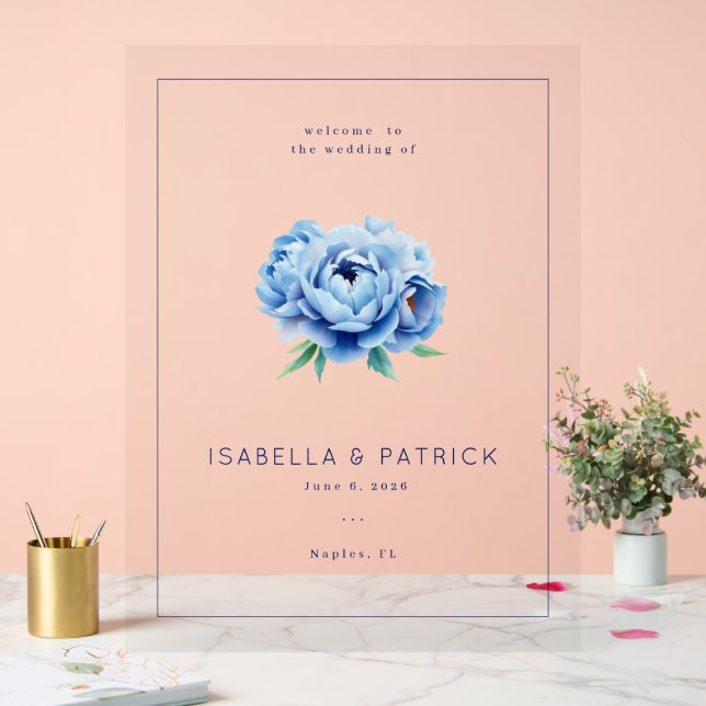 Elegant Blue Floral Wedding Invitation Acrylic Sign (Wedding)