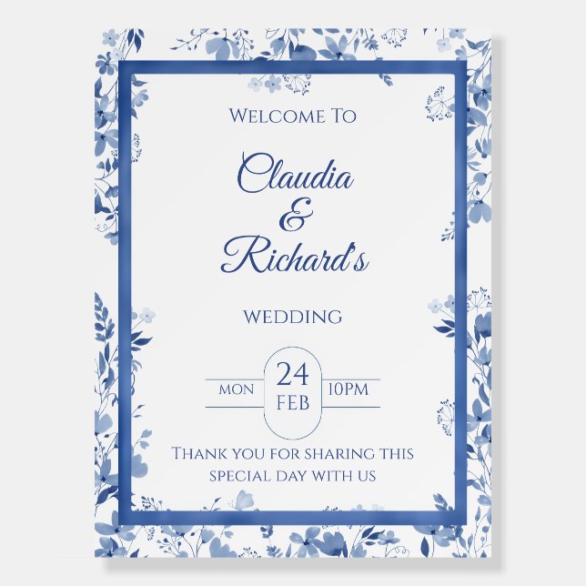 Elegant Blue Floral Wedding Invitation  Foam Board (Front)