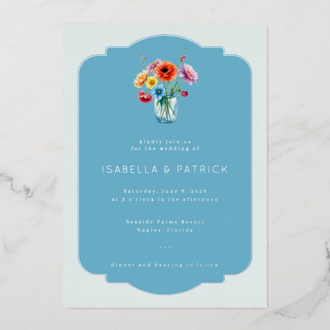 Elegant Blue Floral Wedding Invitation Foil Invitation (Front)