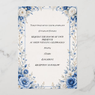 Elegant Blue Floral Wedding Invitation Foil Invitation