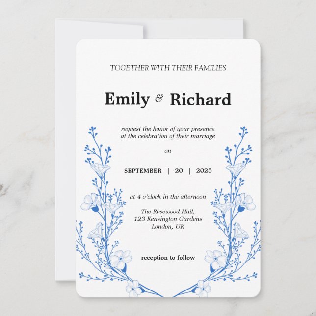 Elegant Blue Floral Wedding Invitation | Modern Bo (Front)