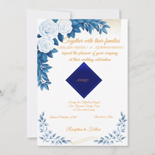 Elegant Blue Floral Wedding Invitation on White (Front)