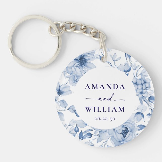 Elegant Blue Floral Wedding  Keychain (Front)