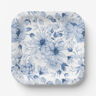 Elegant Blue Floral Wedding Paper Plate