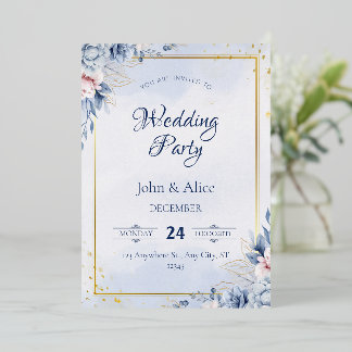 Elegant Blue Floral Wedding Party Foil Invitation