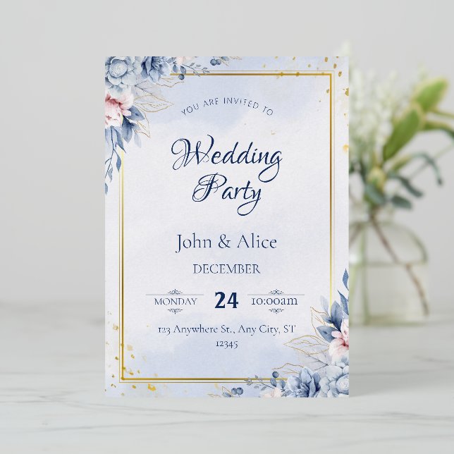 Elegant Blue Floral Wedding Party Foil Invitation (Standing Front)