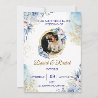 Elegant blue floral wedding photo invitation