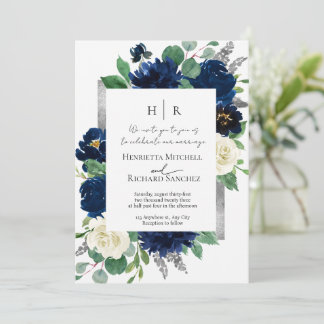 Elegant Blue Floral Wedding Photo Invitation